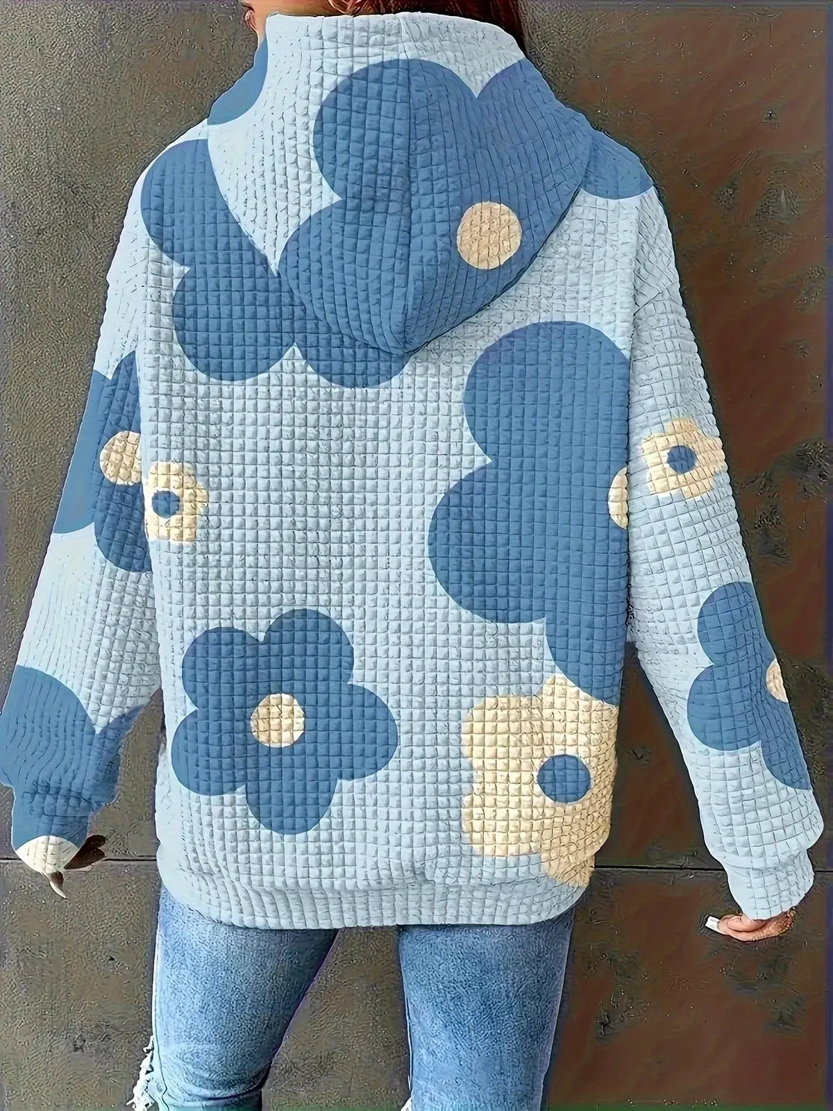 Floral Print Textured Drawstring Hoodie by Partner Label