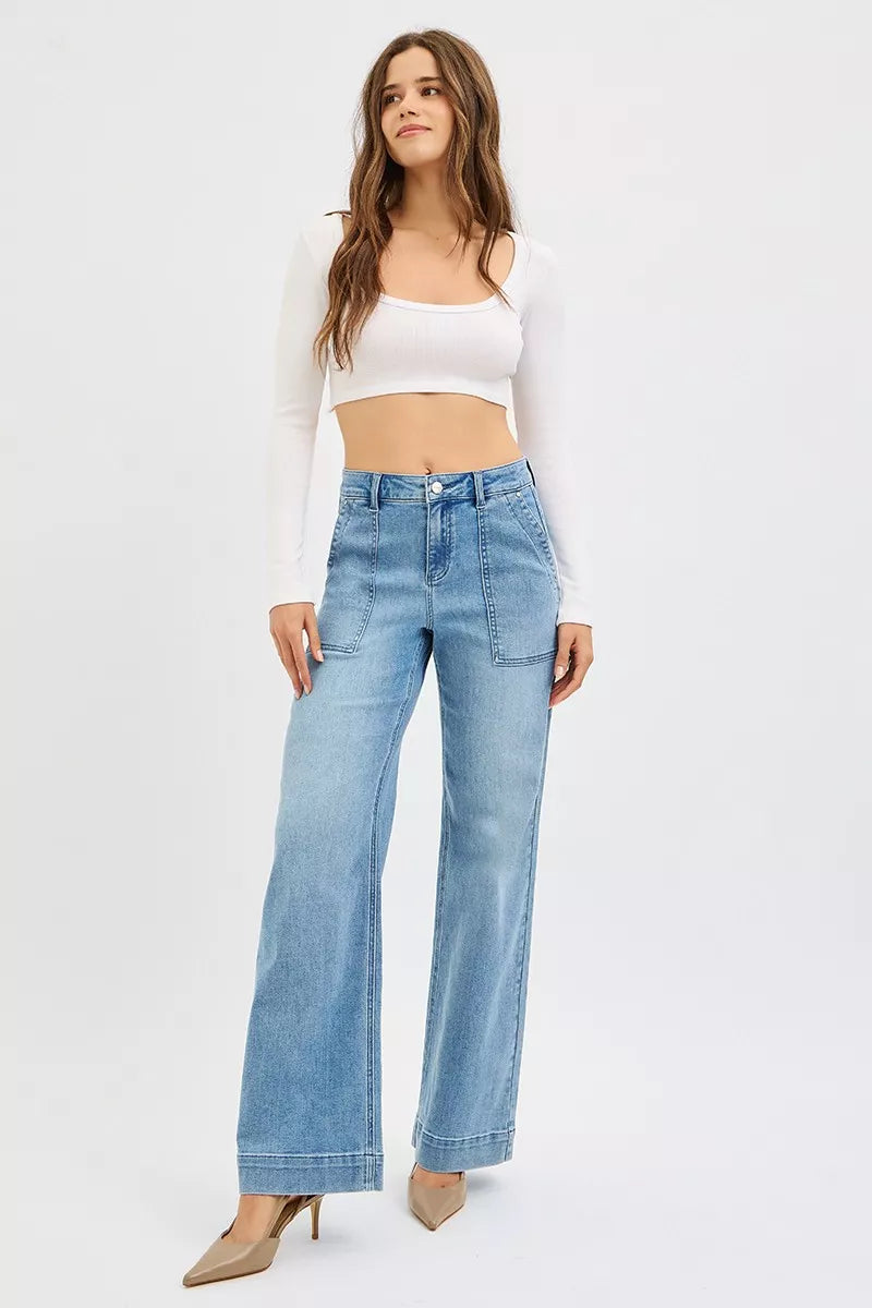 RISEN Full Size High Rise Straight Leg Jeans with Front Pockets Plus Size by RISEN