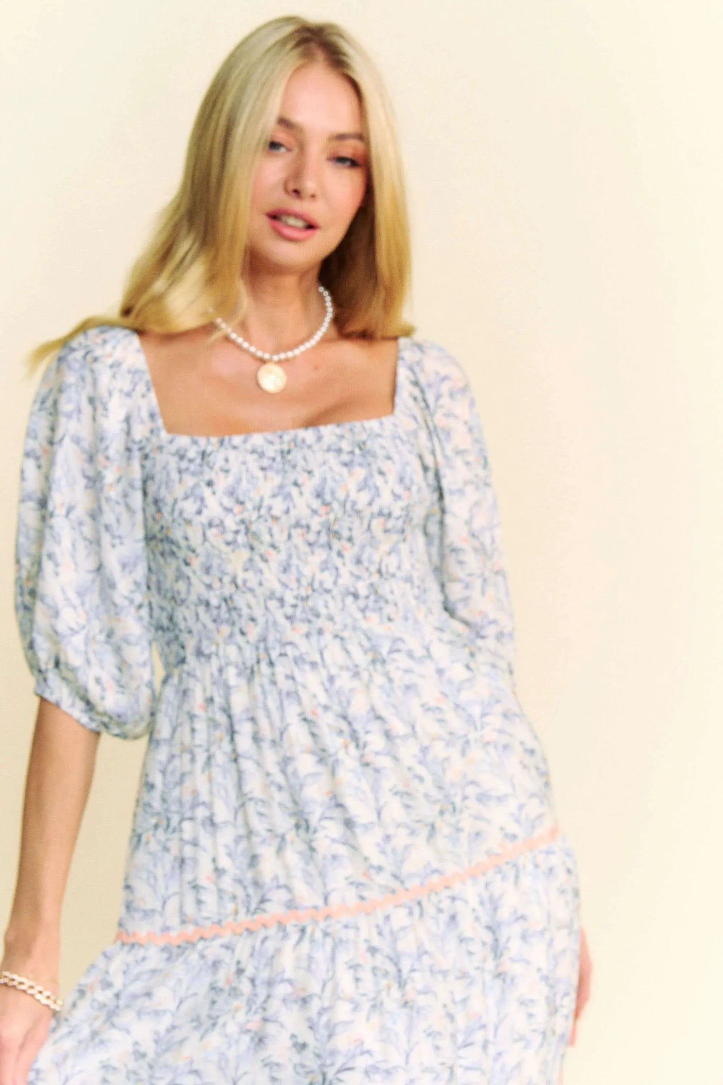 Davi & Dani Contrast Ric Smocking Bodice Tiered Midi Dress by Davi & Dani