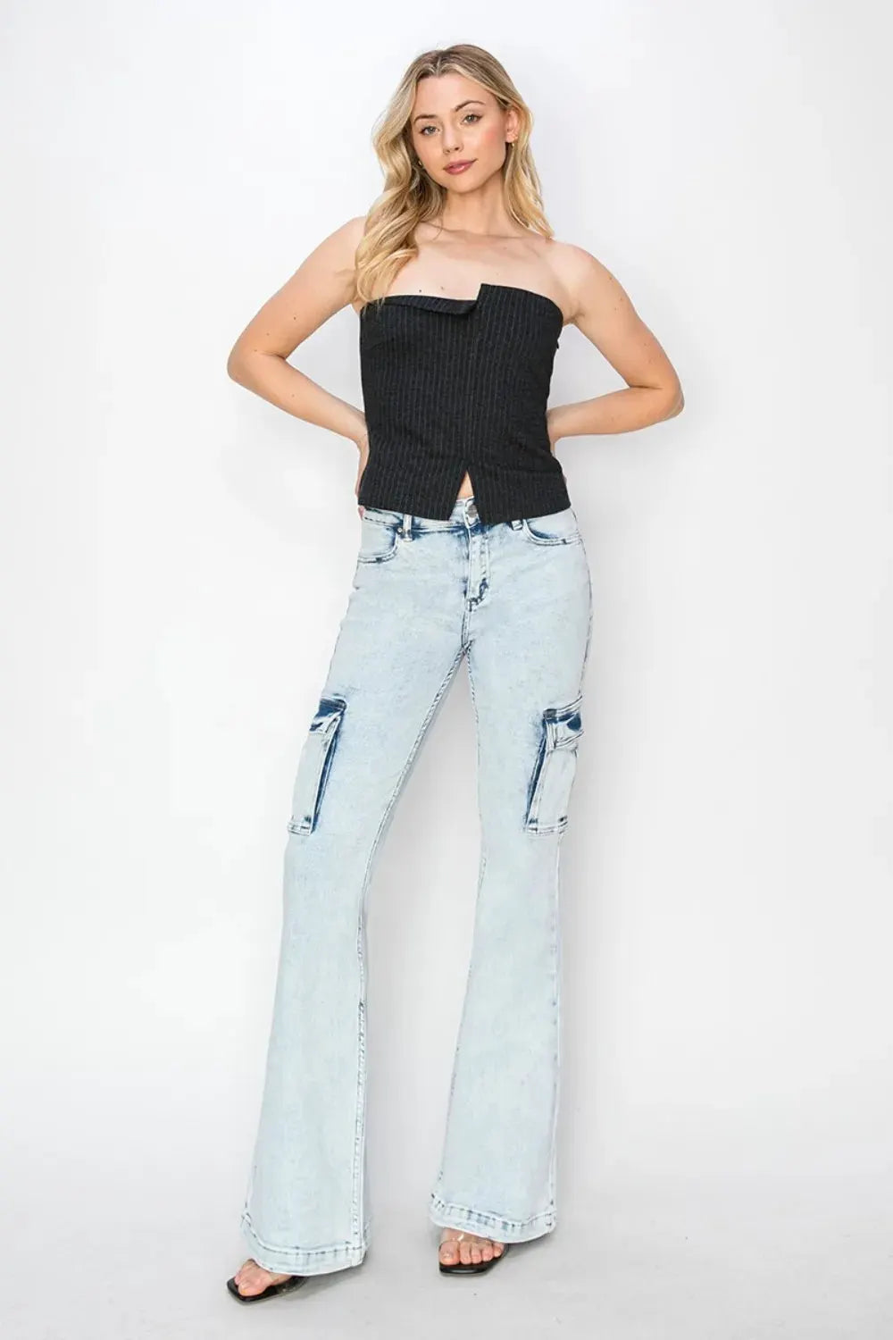 RISEN Full Size High Rise Cargo Flare Jeans by RISEN