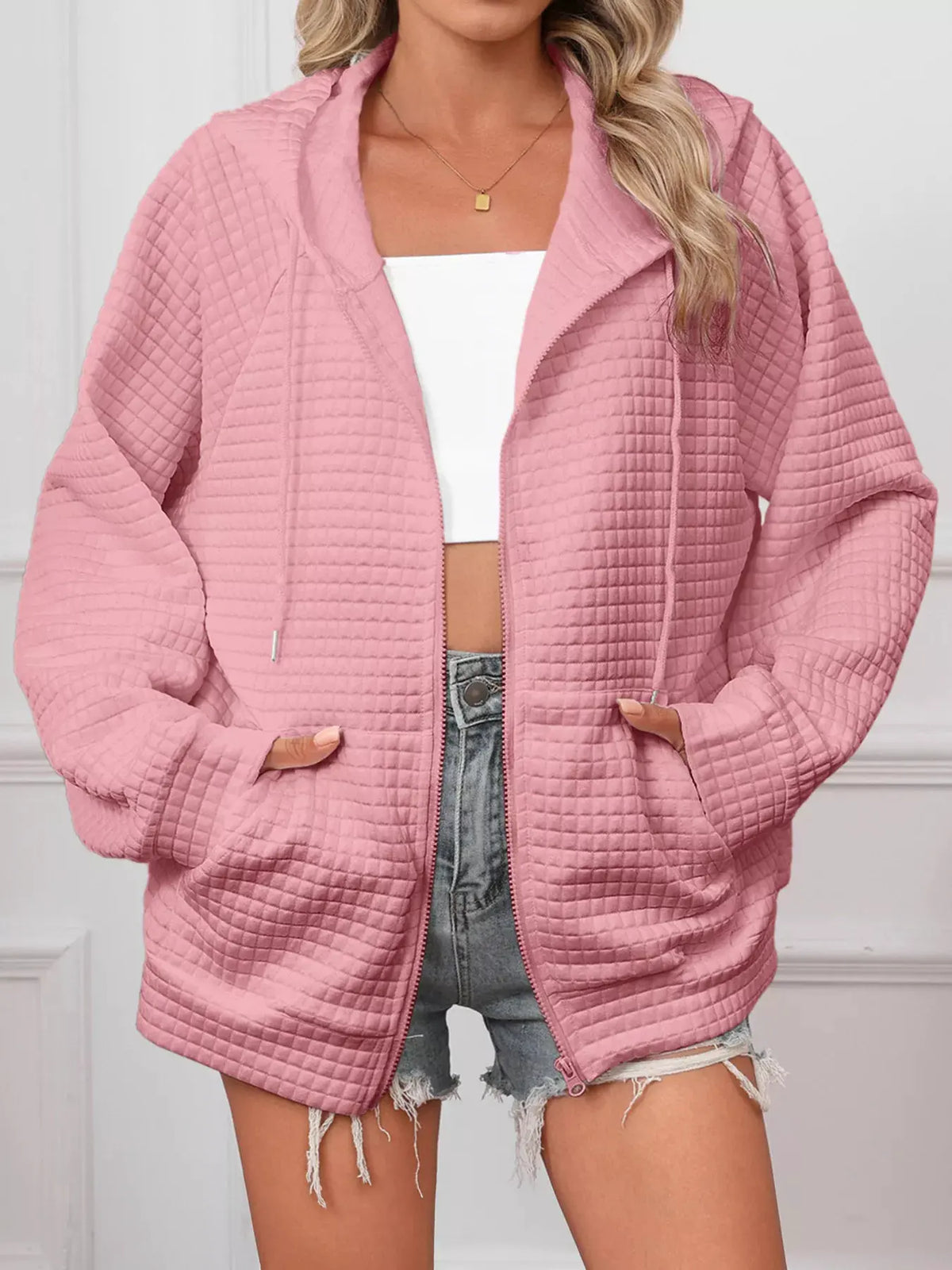 Full Size Textured Quilted Zip-Up Hooded Jacket Plus Size by Partner Label