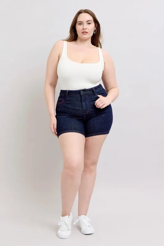 Judy Blue Plus Size HW Heart Shaped Pkts & Red Contrast Thread Denim Shorts by Judy Blue