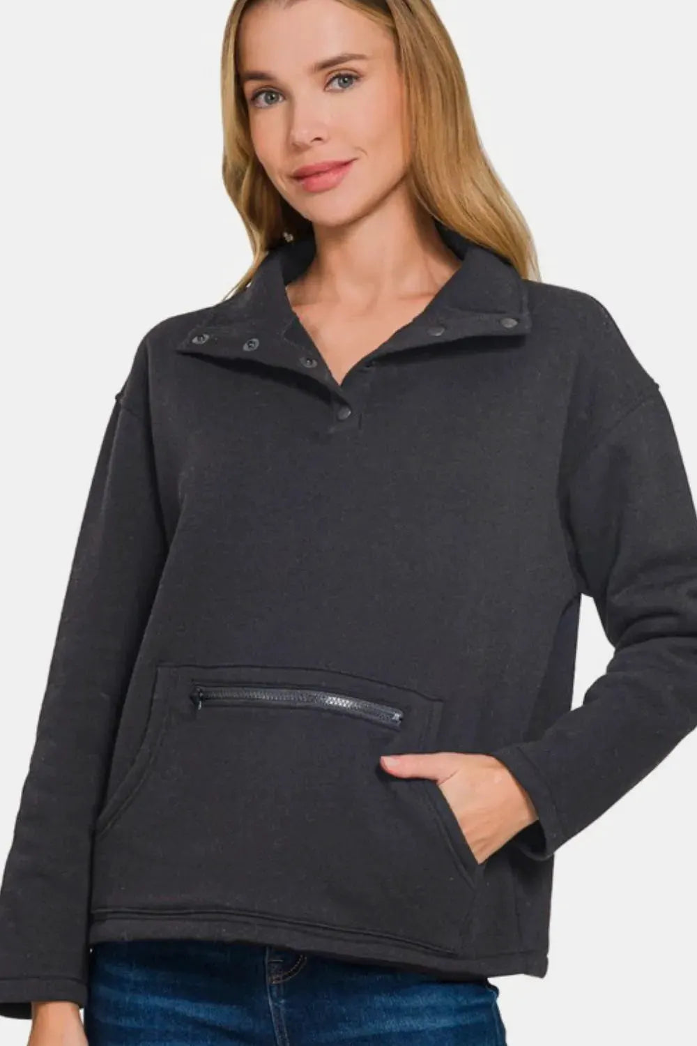 Zenana Turtleneck Half Snap Fleece Sweatshirt by Zenana