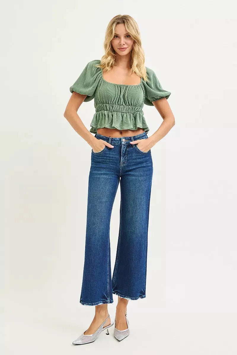 RISEN Tummy Control 4 Way Stretch High Rise Crop Wide Leg Jeans by RISEN