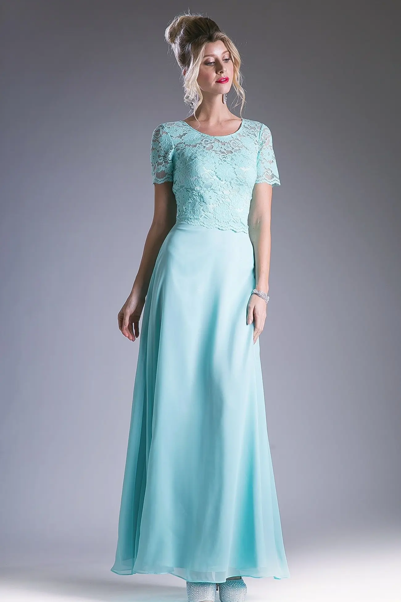 Long Chiffon Dress with Short Sleeves by Tux-USA