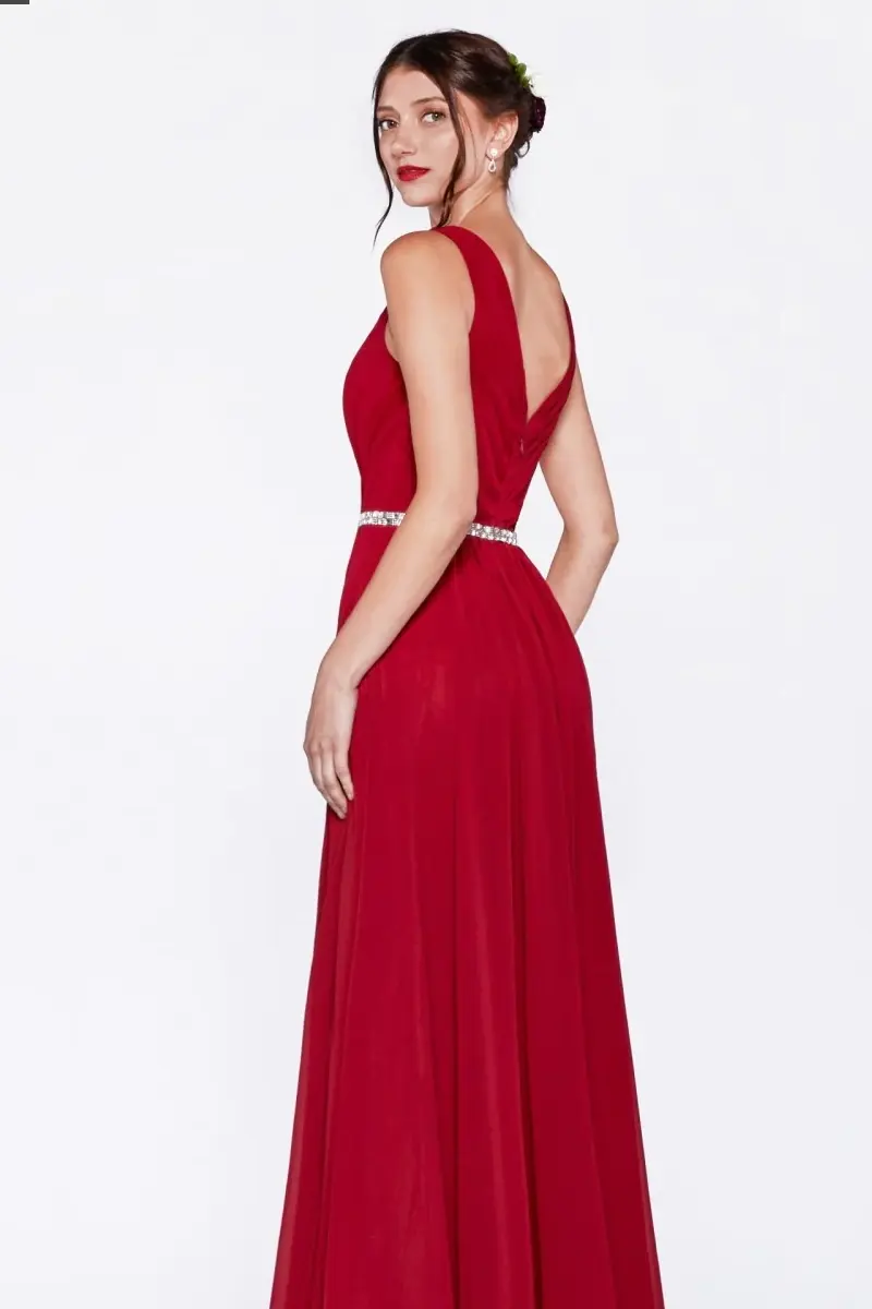 A-Line Chiffon Gown With V-Neckline and Beaded Belt by Tux-USA