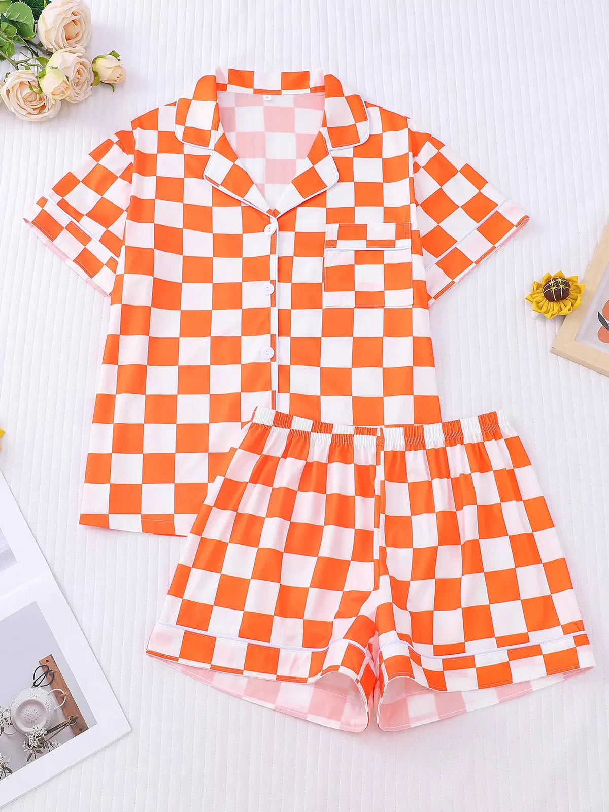 Checkered Print Button Up Top and Shorts Lounge Set by Partner Label