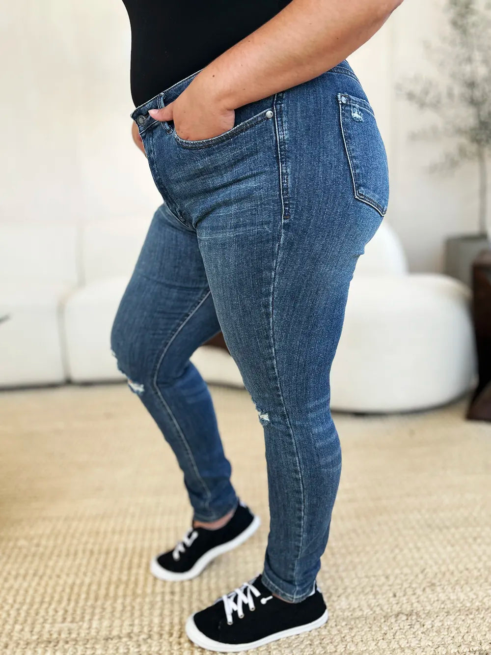 Judy Blue Full Size Mid Waist Distressed Slim Jeans by Judy Blue