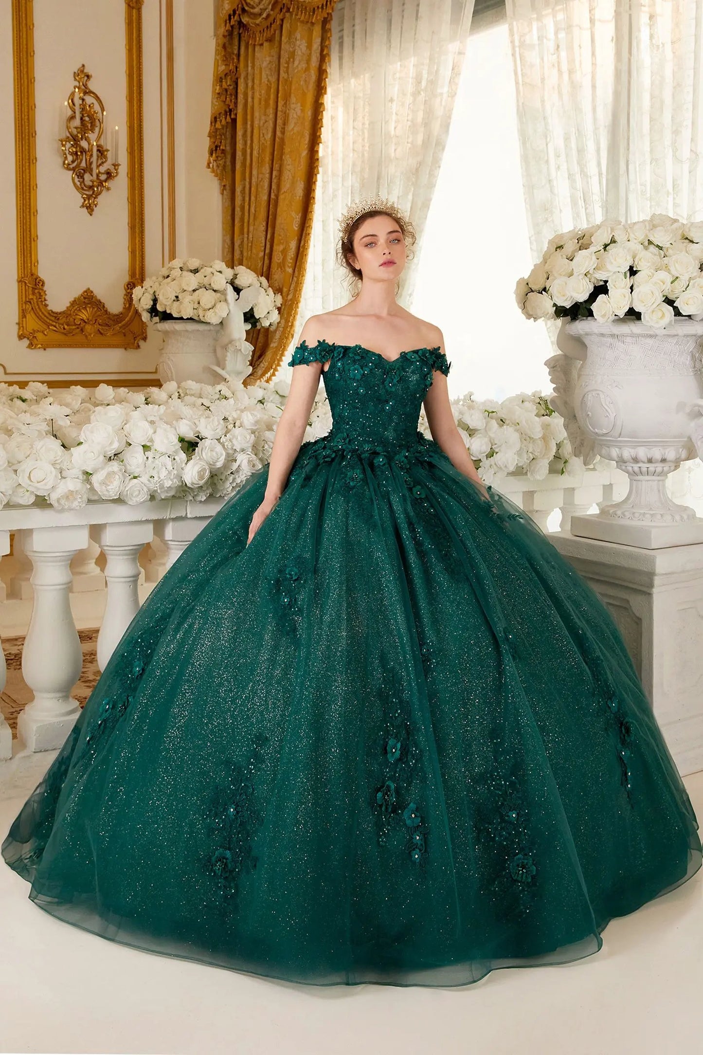 Ball Gown Off Shoulder Floral Embellished Glitter Tulle Quinceanera by Tux-USA