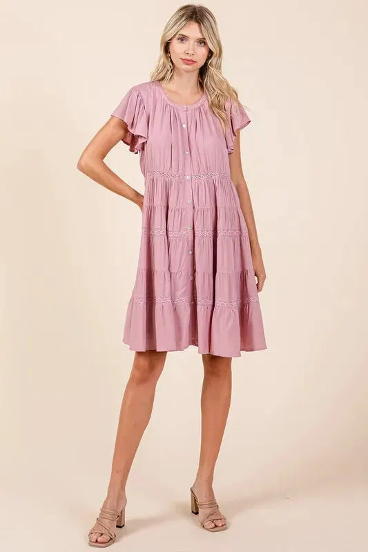 Mittoshop Lace Detail Ruffled Button Down Tiered Dress by Mittoshop