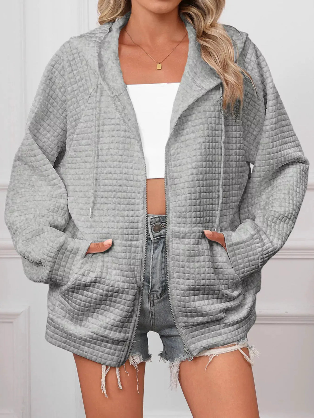 Full Size Textured Quilted Zip-Up Hooded Jacket Plus Size by Partner Label