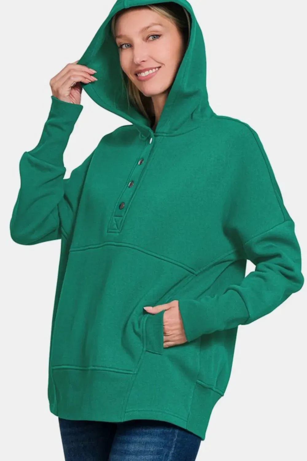 Zenana Half Snap Long Sleeve Hoodie with Kangaroo Pocket by Zenana