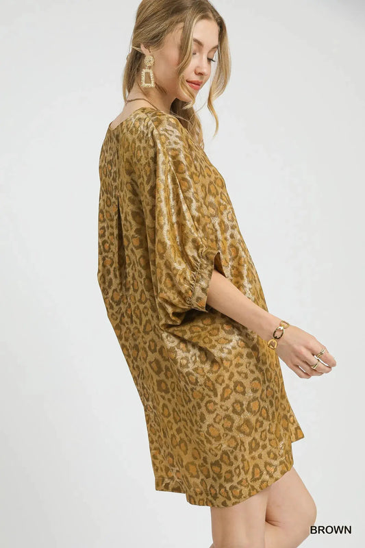 Umgee Metallic Leopard Print V-Neck Kimono Dress by Umgee