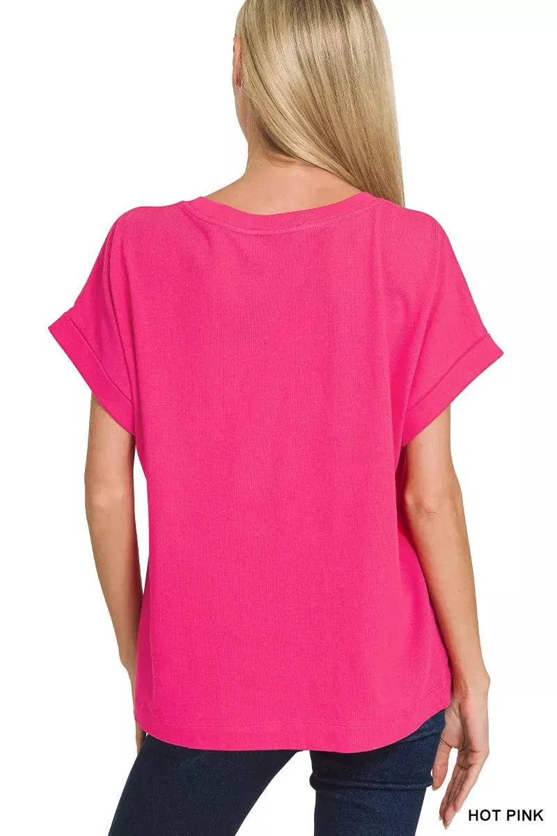 Zenana Cuffed Front Pocket Short Sleeve Tee by Zenana