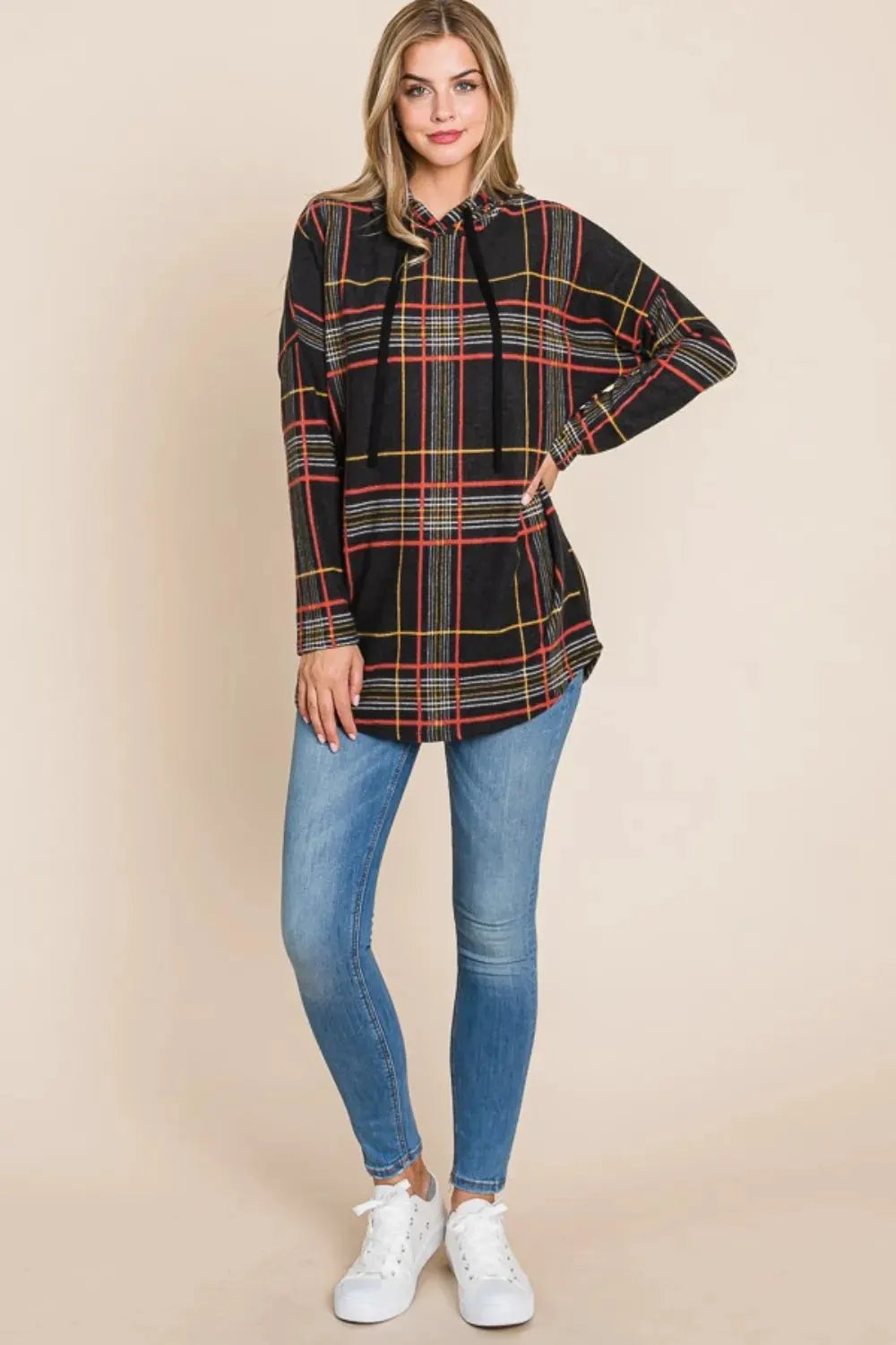 BOMBOM Drawstring Plaid Long Sleeve Hoodie by BOMBOM