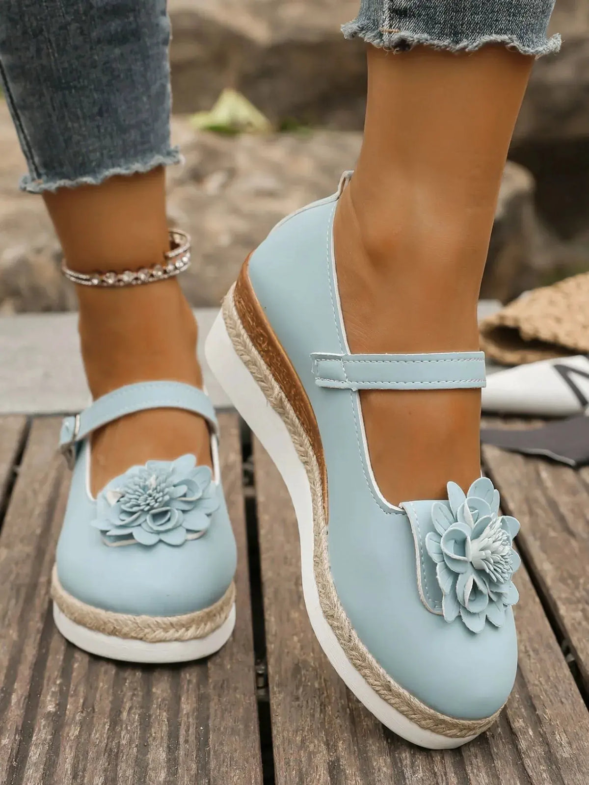 Flower Embellished Mary Jane Loafers by Partner Label