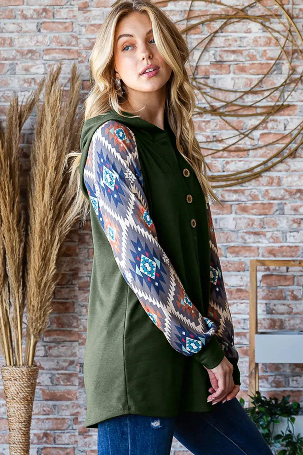 Heimish Full Size Half Button Printed Long Sleeve Hooded Top by Heimish