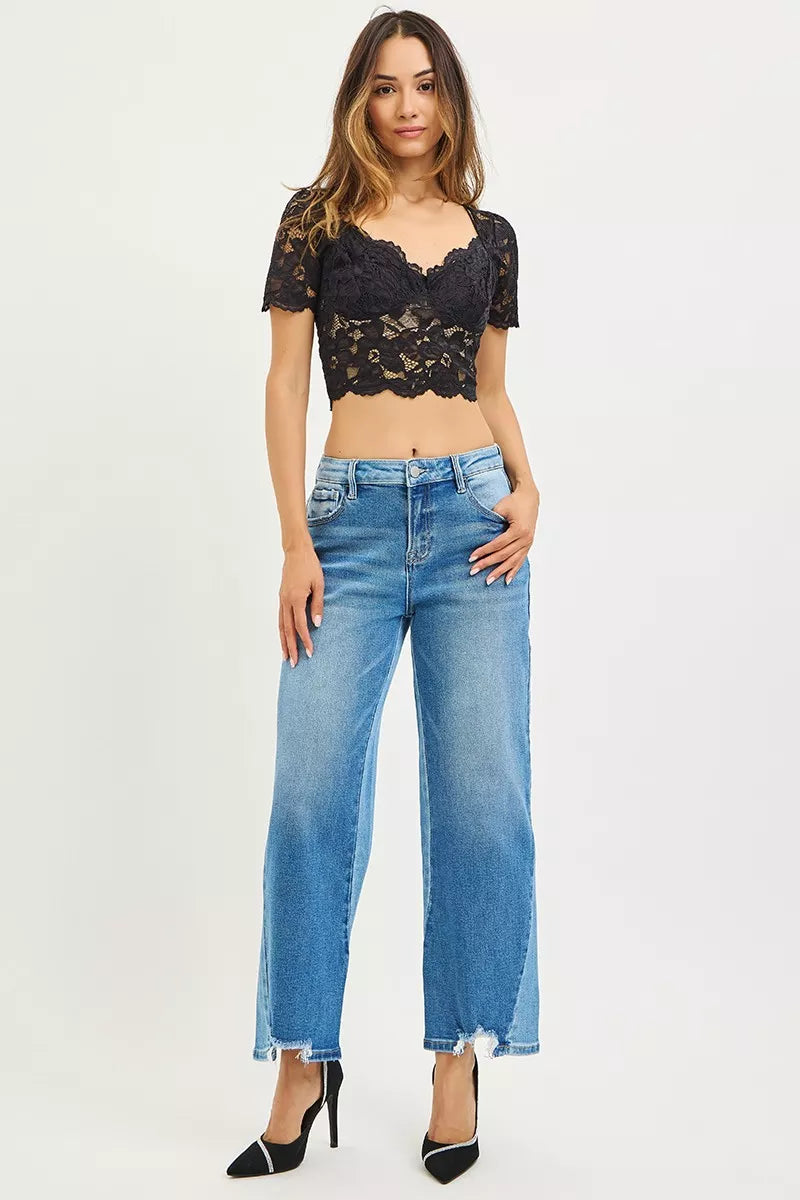 RISEN Full Size Slouchy Cropped Barrel Jeans with Contrast Wash Plus Size by RISEN