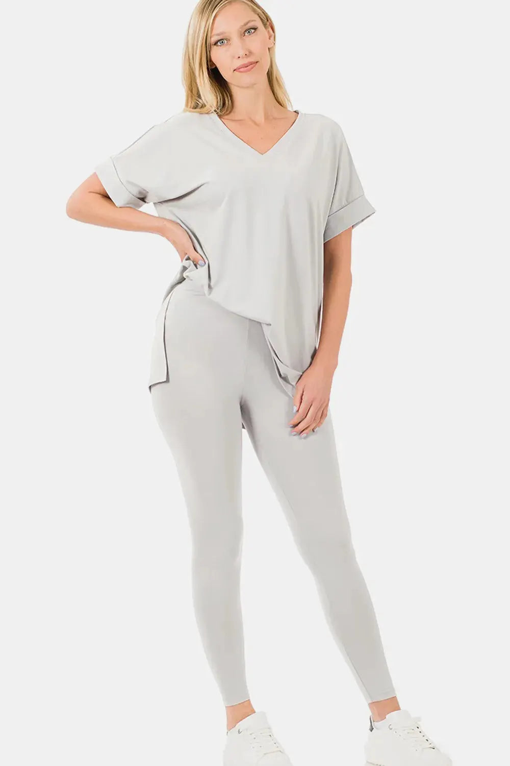 Zenana V-Neck Rolled Short Sleeve T-Shirt and Leggings Lounge Set by Zenana
