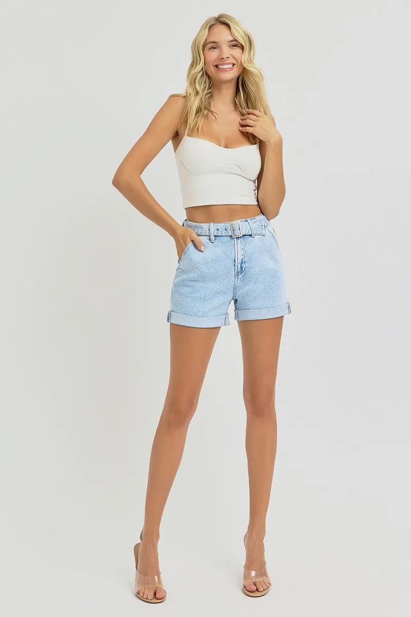 RISEN Full Size High Rise Belted Roll Up Shorts Plus Size by RISEN