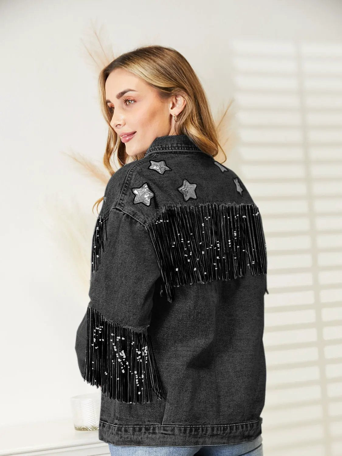 Fringe Detail Long Sleeve Denim Jacket by Partner Label