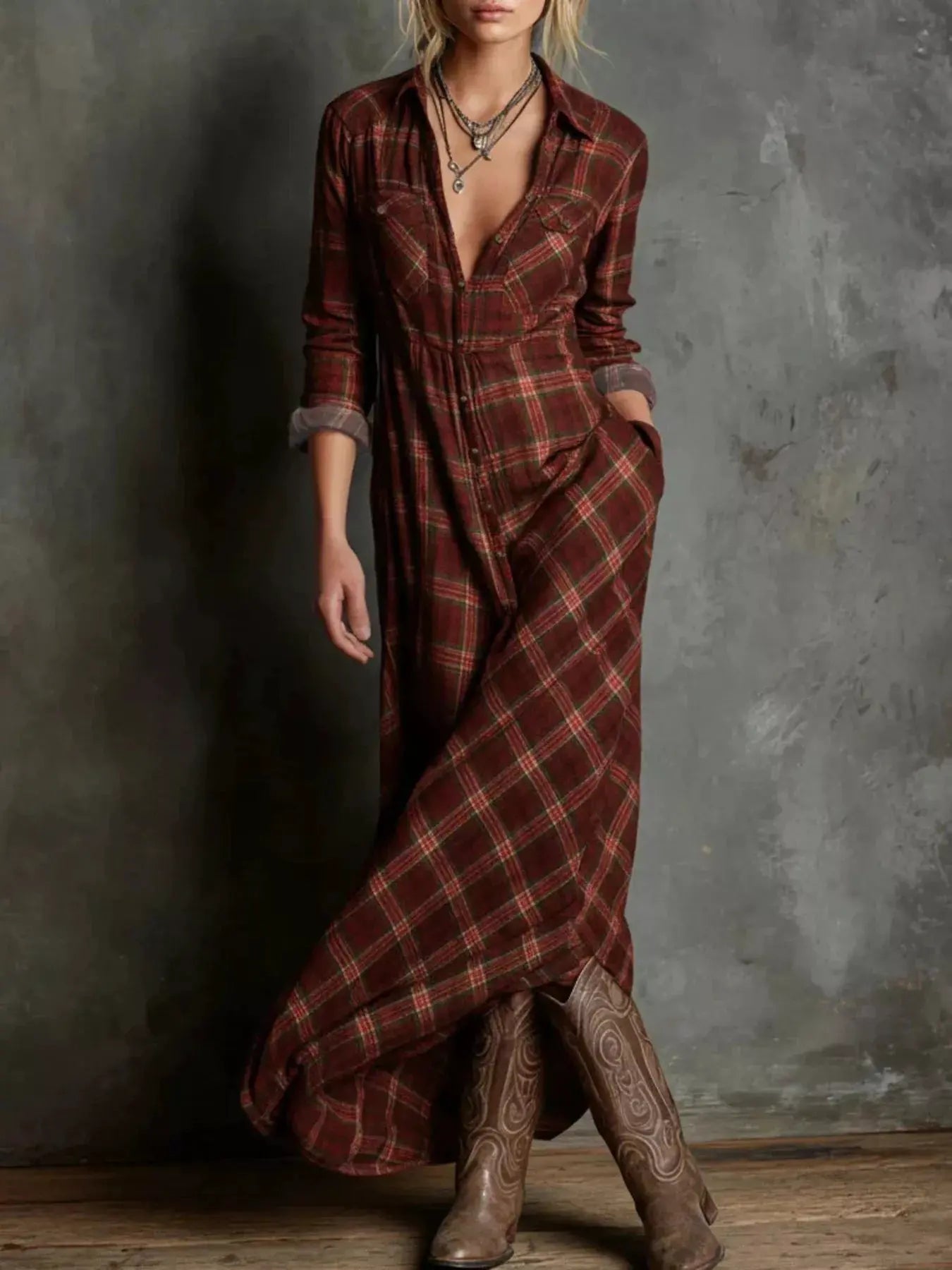 Plaid Button Front Maxi Shirt Dress by Partner Label