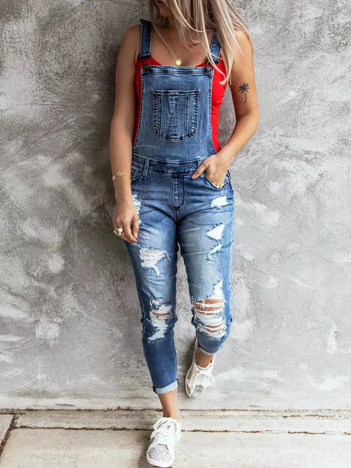 Wide Strap Distressed Denim Overalls by Partner Labels