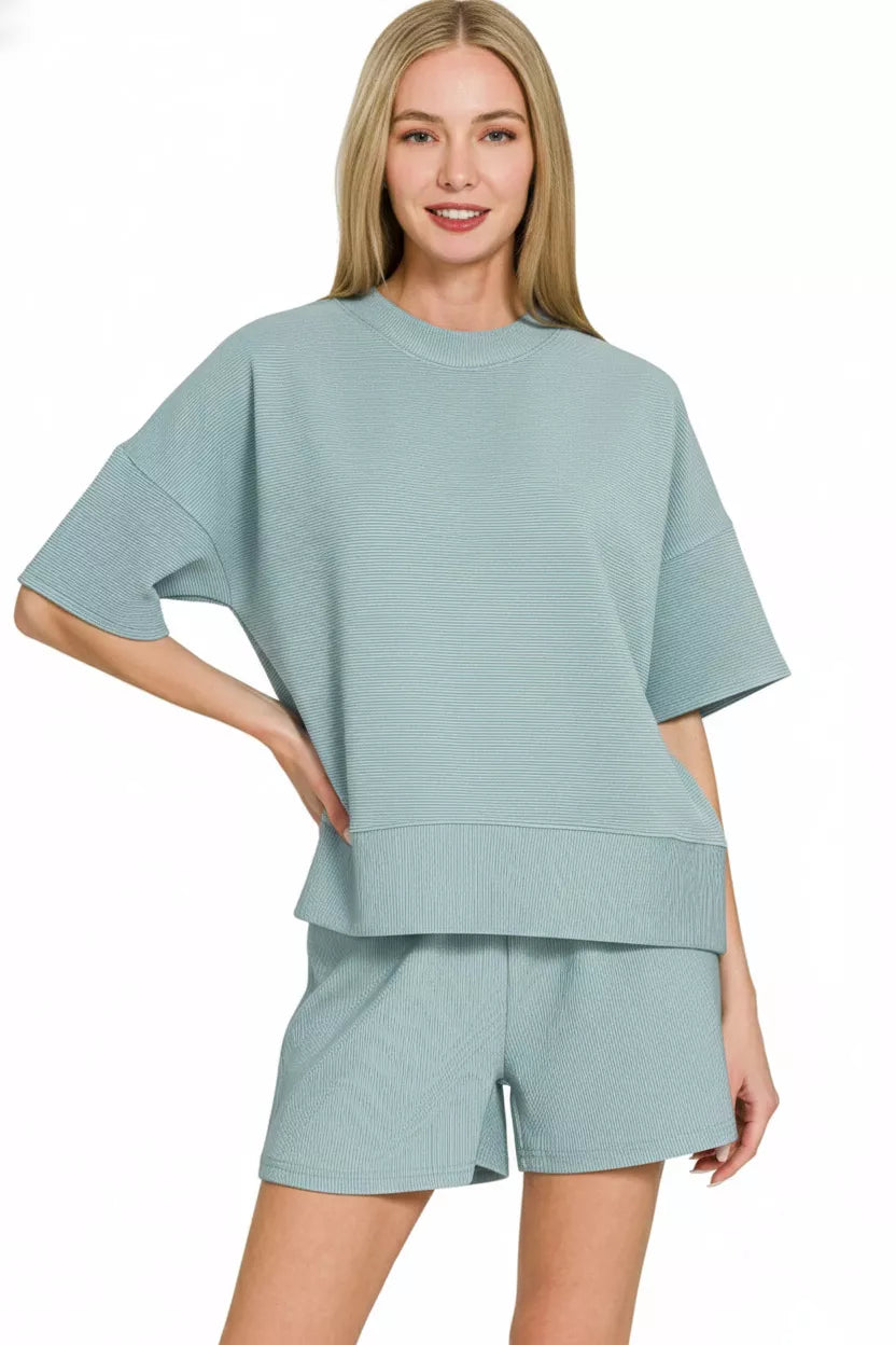 Zenana Ribbed Round Neck Waist Banded Tee & Shorts Set by Zenana