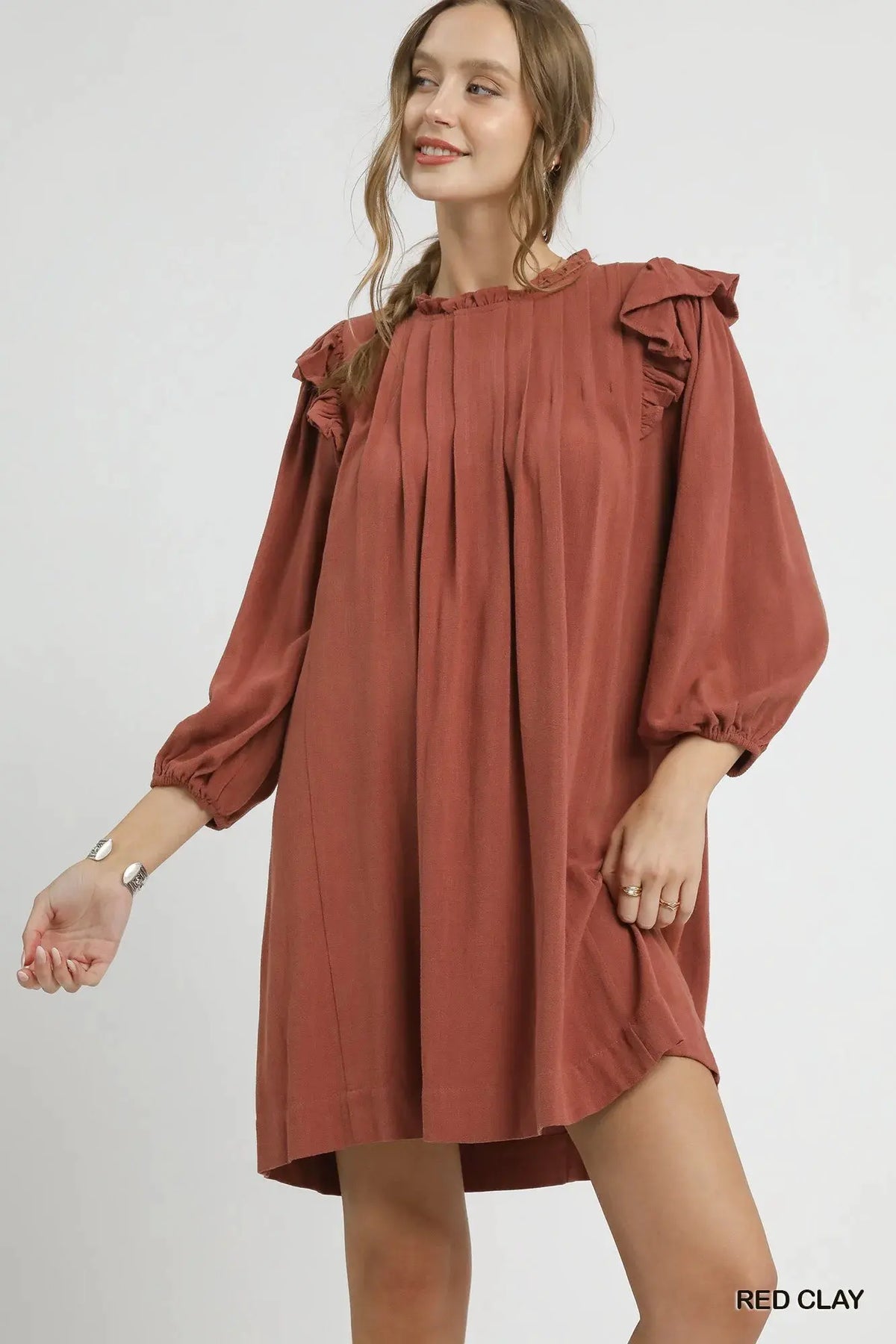 Umgee Linen Ruffle Shoulder Pleated Babydoll Dress by Umgee