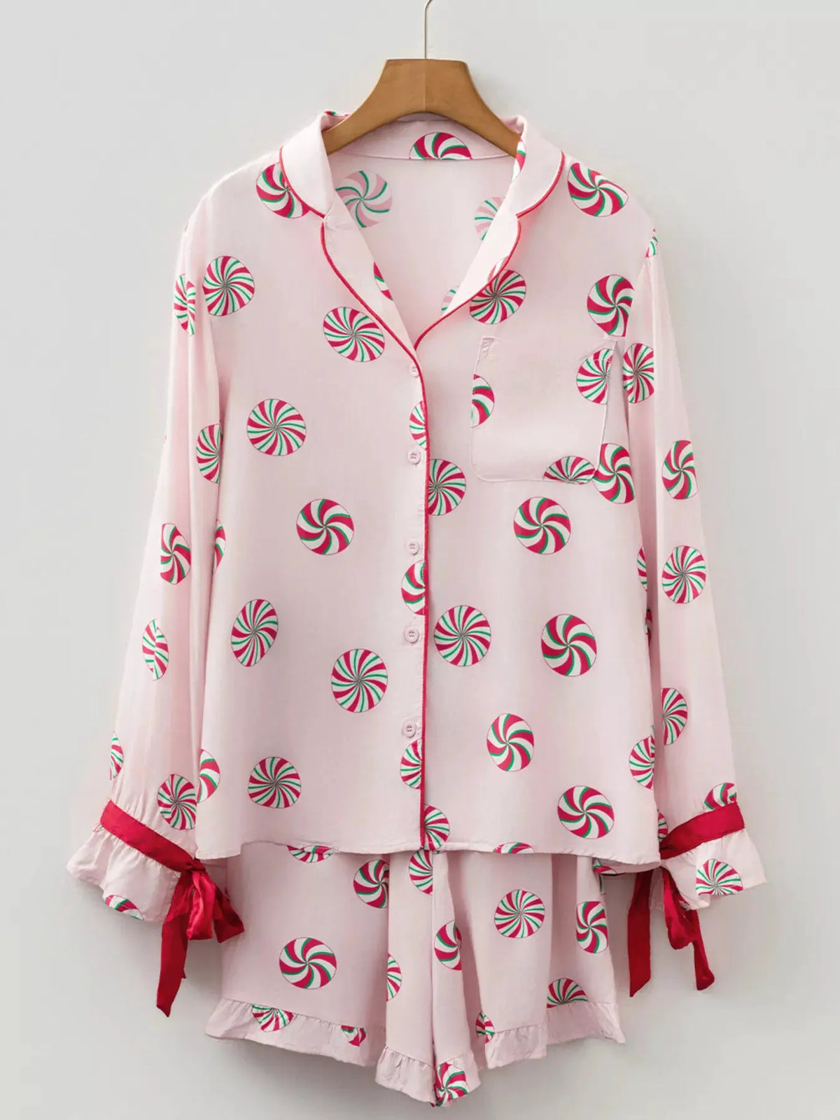 Christmas Candy Contrast Trim Bow Knot Top and Shorts 2pcs Pajama Set by Partner Label