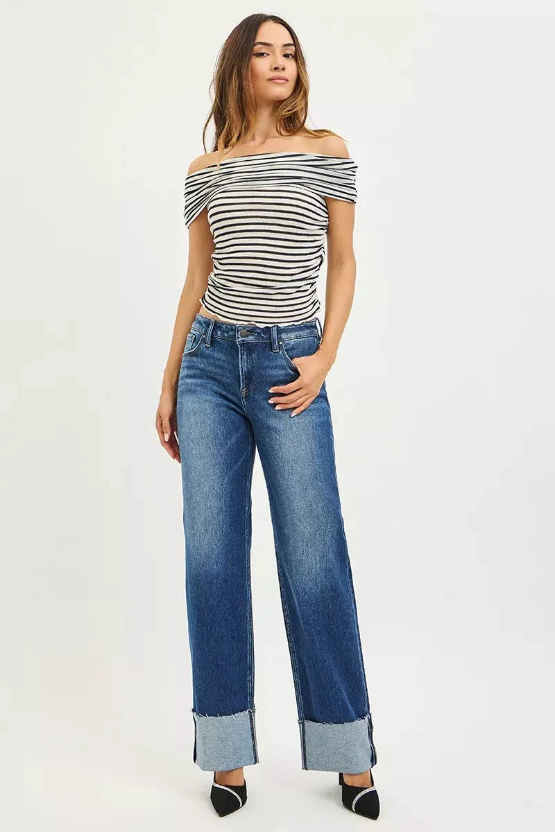 RISEN Mid Rise Wide Straight Jeans With Wide Cuff by RISEN