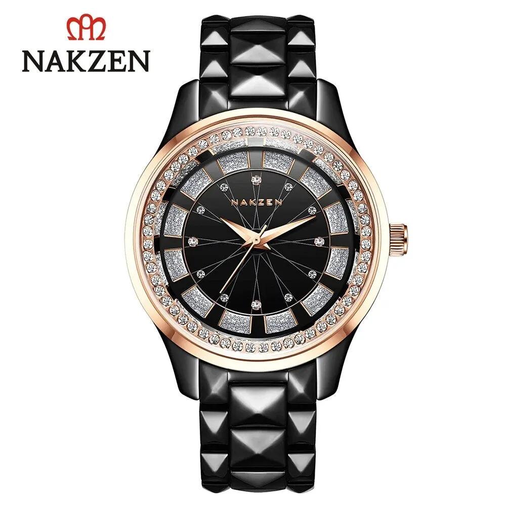 NAKZEN Design Quartz Ladies Watch High Quality Ceramic Bracelet White Watches Luxury Diamond Clock Gifts for Women Relojes De Mu 1025 by MEGIR WATCH GROUP