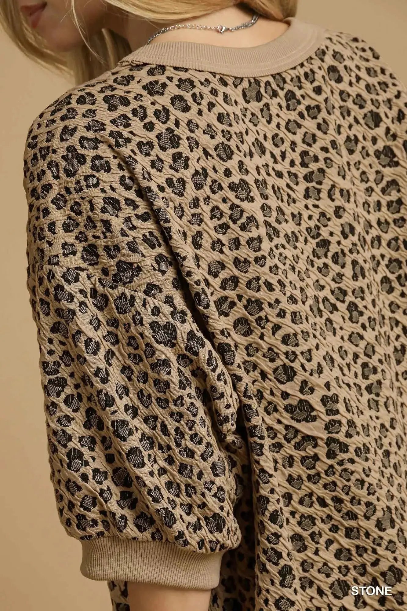Umgee Leopard Knit Jacquard Puff Sleeve Sweatshirt by Umgee