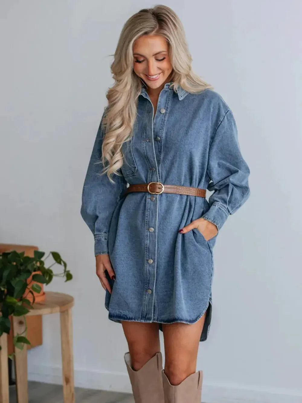 Button Up Collared Neck Long Sleeve Denim Dress by Partner Label