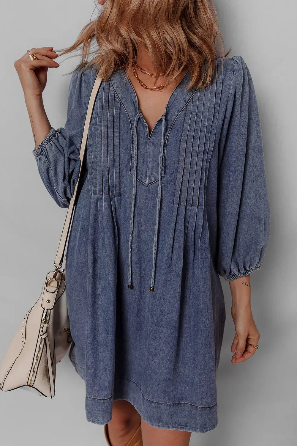 Tie Neck Long Sleeve Mini Denim Dress by Partner Label