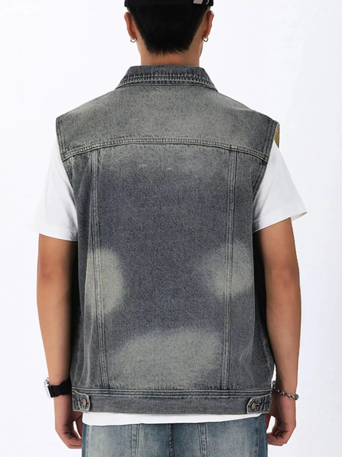 Men's Plus Size Vintage Washed Sleeveless Denim Vest by Trendsi