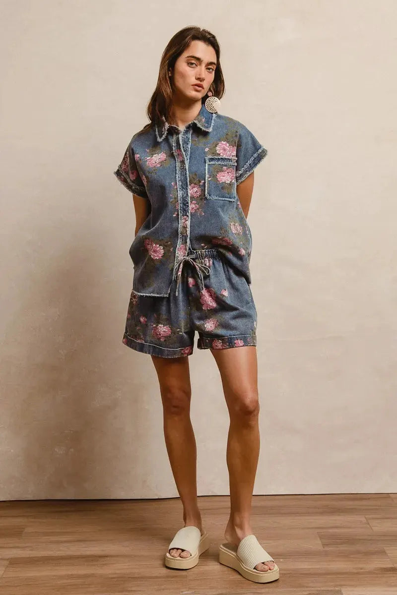 BiBi Floral Printed Denim Short Pants With Pocket by BiBi