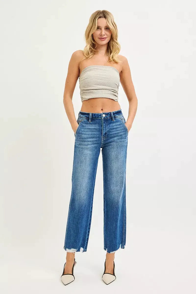 RISEN High Rise Ankle Straight Distressed Hem Detail Jeans by RISEN
