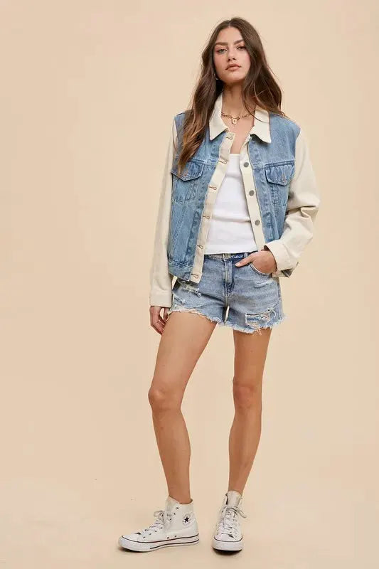 Annie Wear Collared Neck Double Placket Denim Jacket by Annie Wear