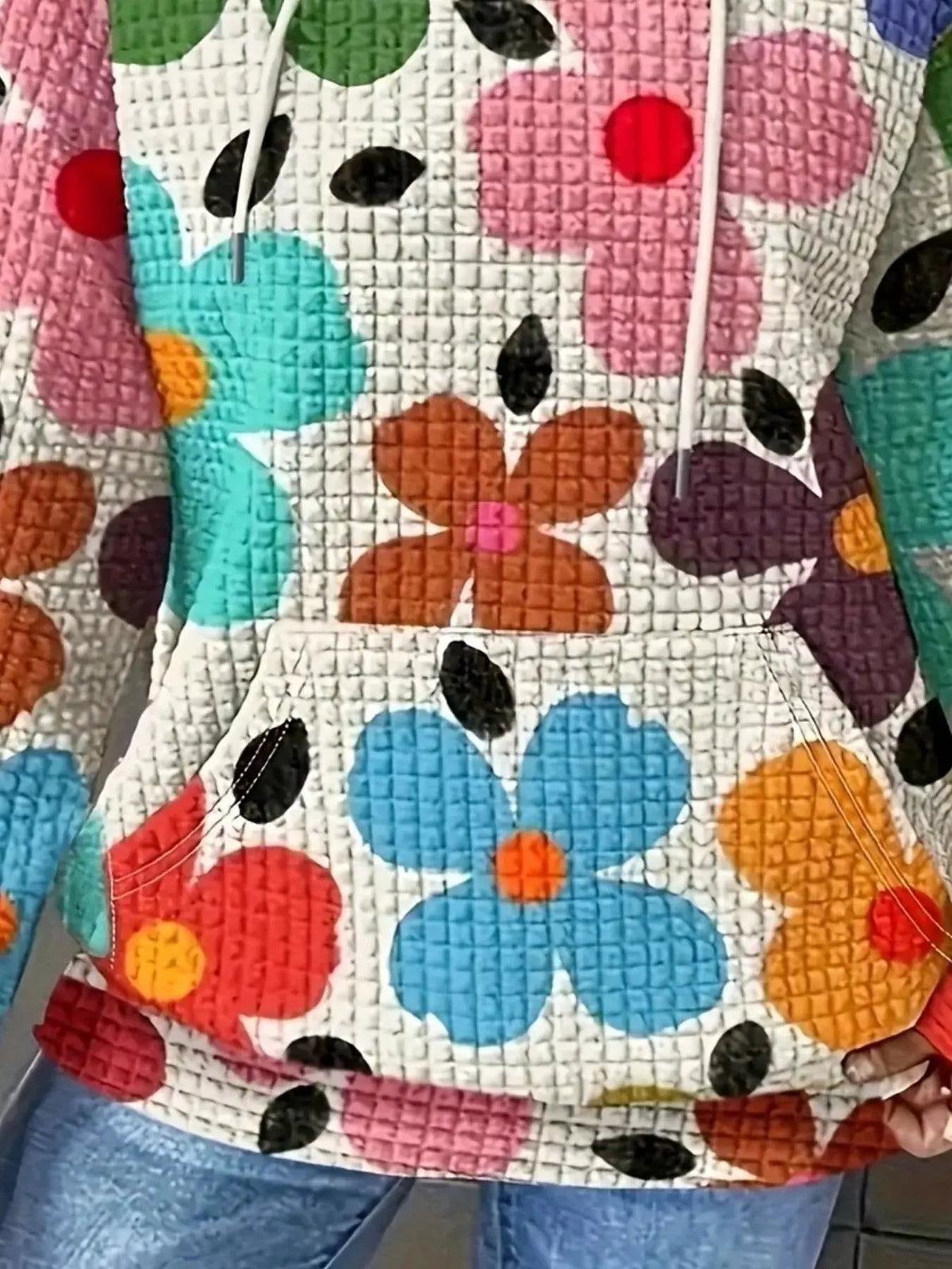 Floral Print Textured Drawstring Hoodie by Partner Label