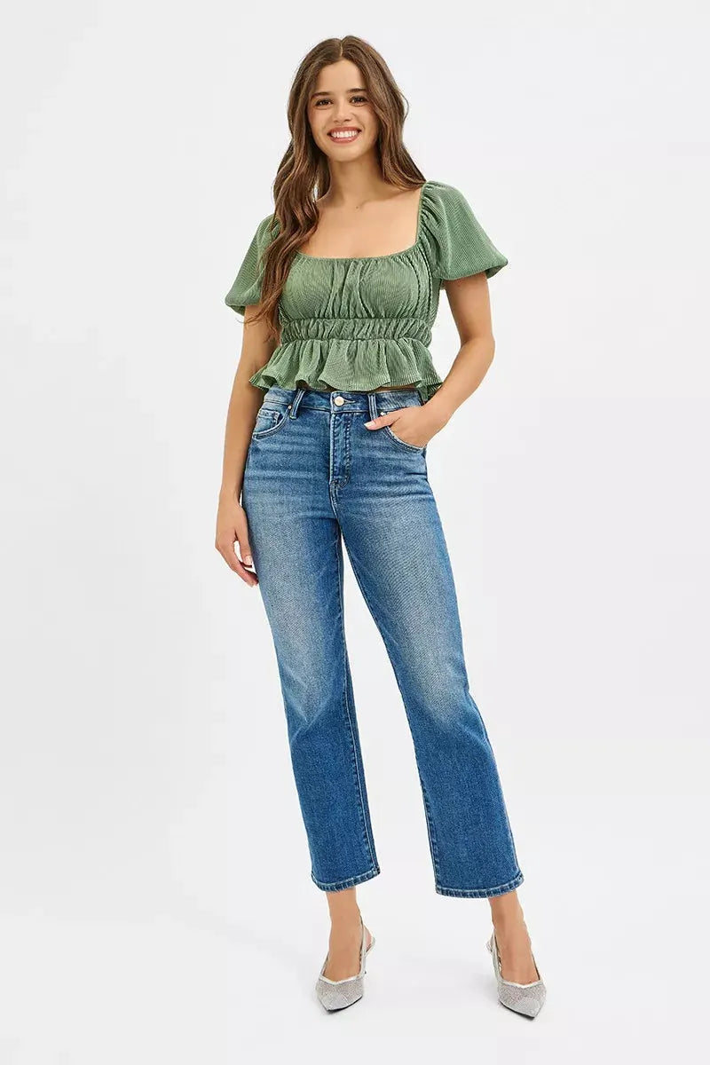 RISEN Tummy Control High Rise Crop Straight Jeans by RISEN