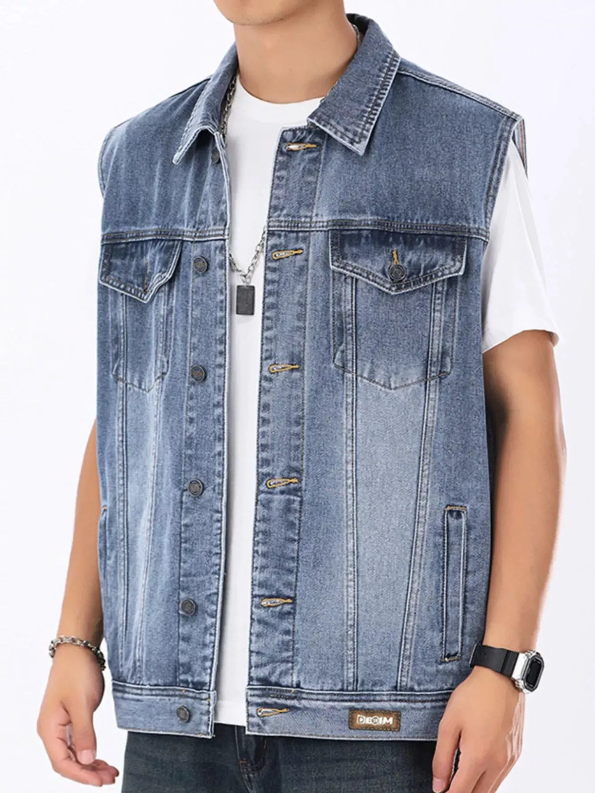 Men's Plus Size Vintage Washed Sleeveless Denim Vest by Trendsi