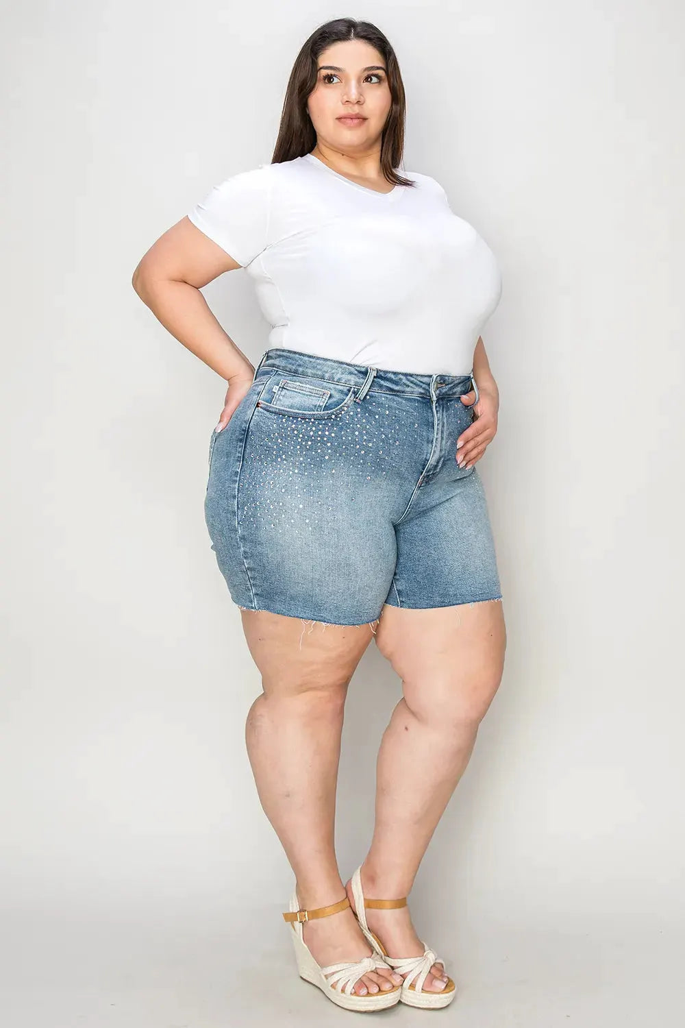 Judy Blue Full Size High Waist Rhinestone Decor Denim Shorts by Judy Blue
