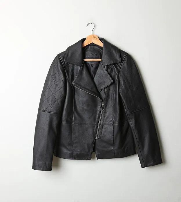 Freya Women's Real Leather Cross Zip Biker Jacket Black by Inland Leather Co.