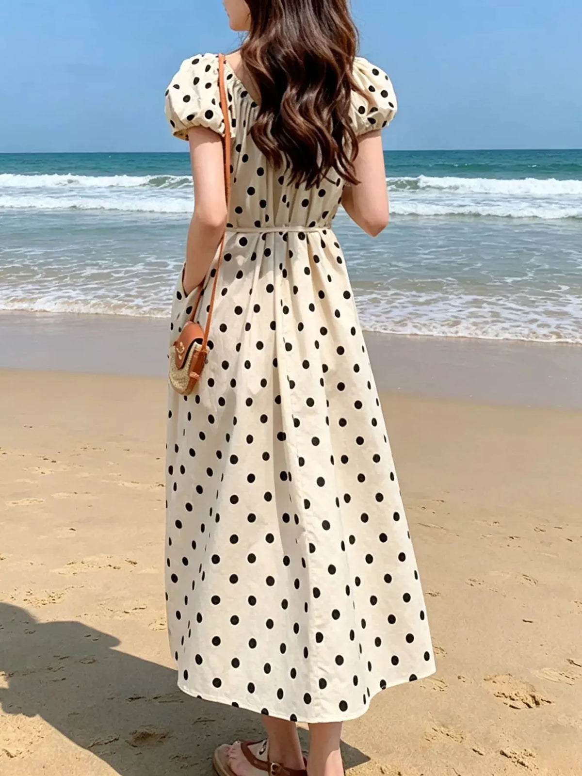 Polka Dot Puff Sleeve Midi Dress by Trendsi