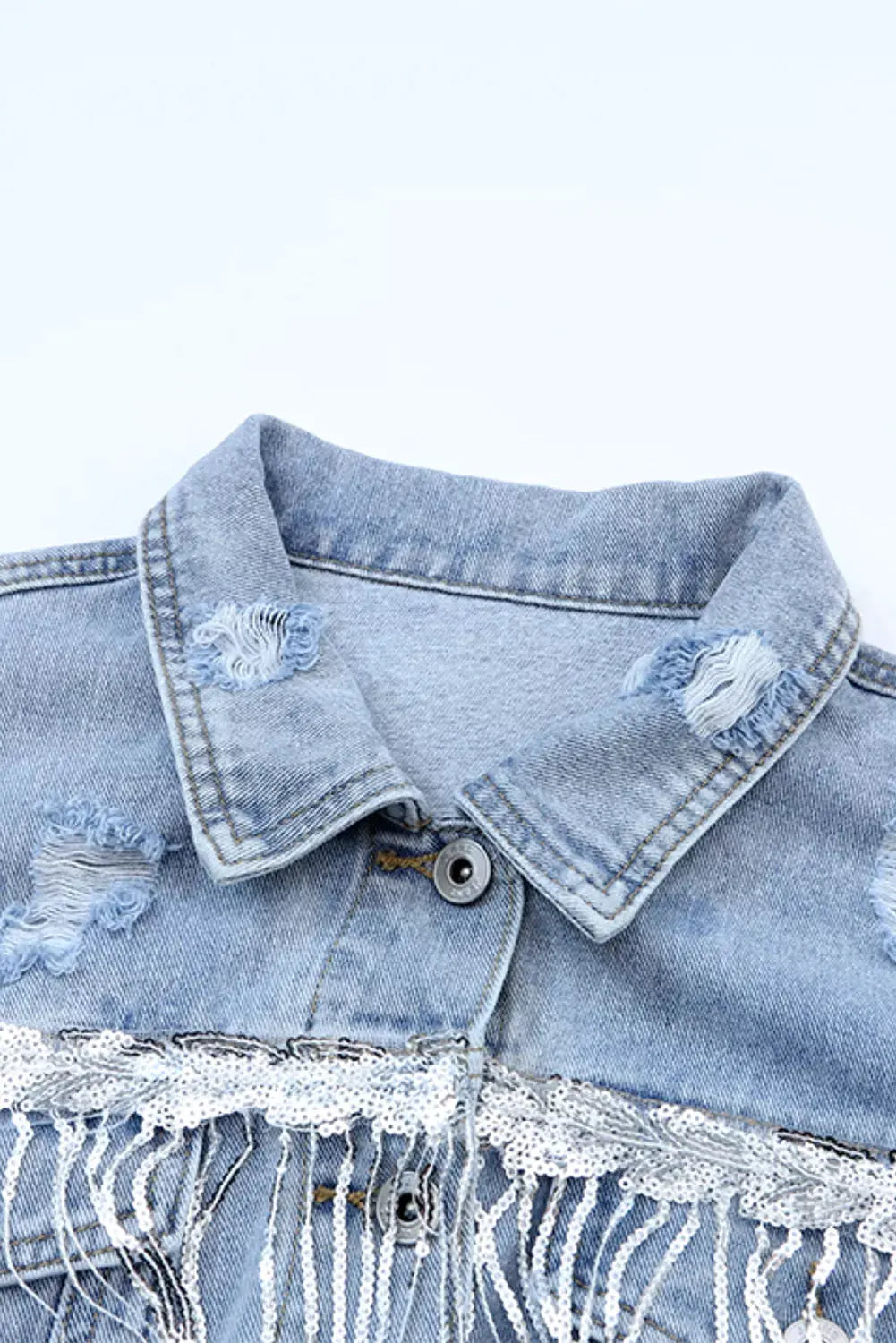 Fringed Sequin Embellished Denim Jacket by Partner Label