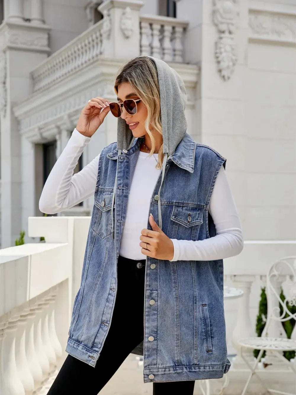 Drawstring Pocketed Button Up Sleeveless Denim Jacket by Partner Label