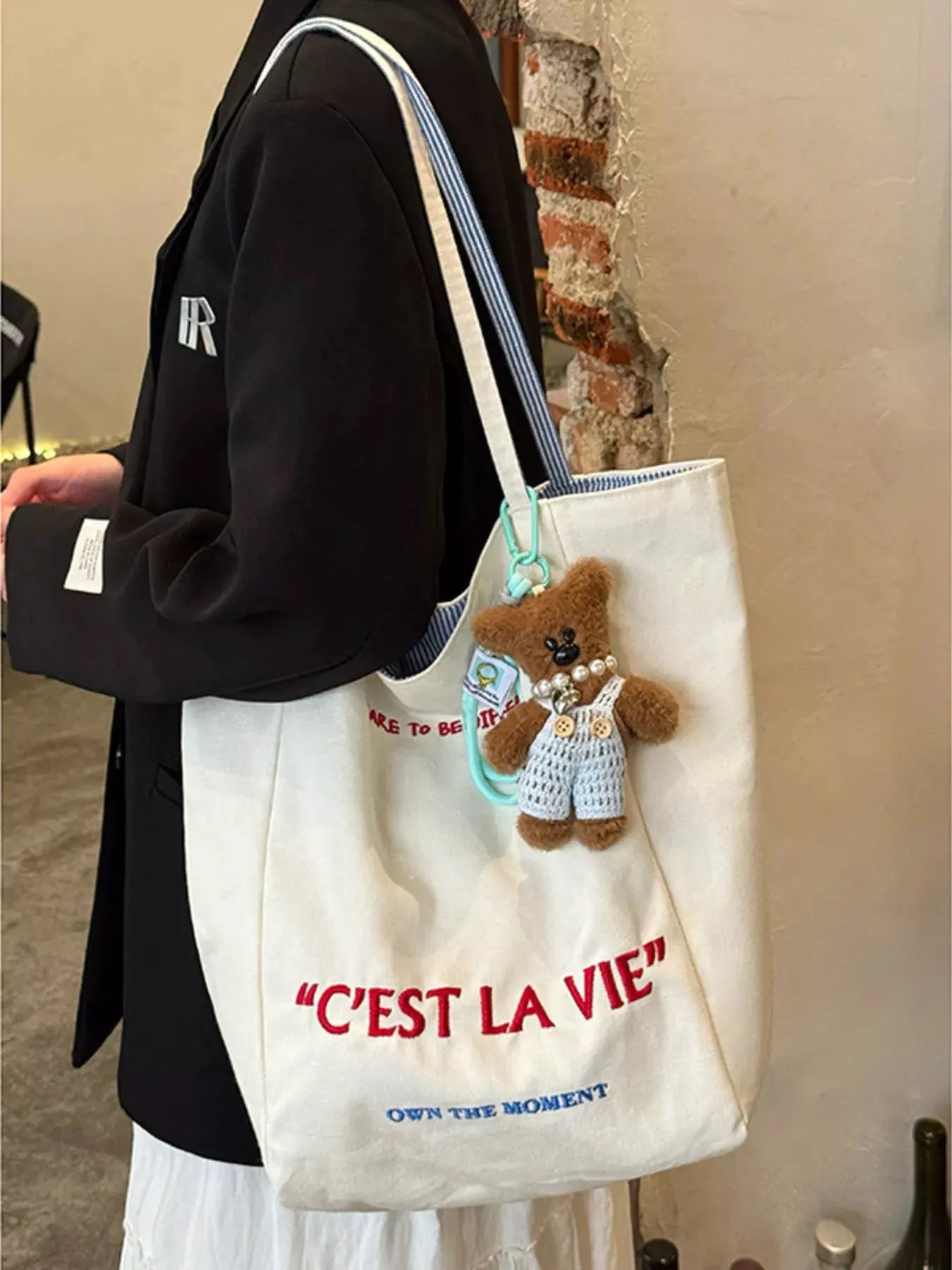 Letter Embroidered Canvas Shoulder Bag by Partner Label