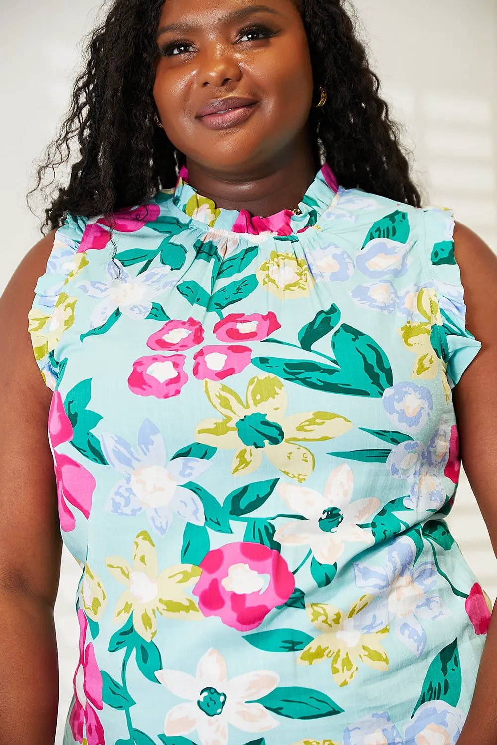Double Take Floral Print Ruffle Shoulder Blouse by Partner Label