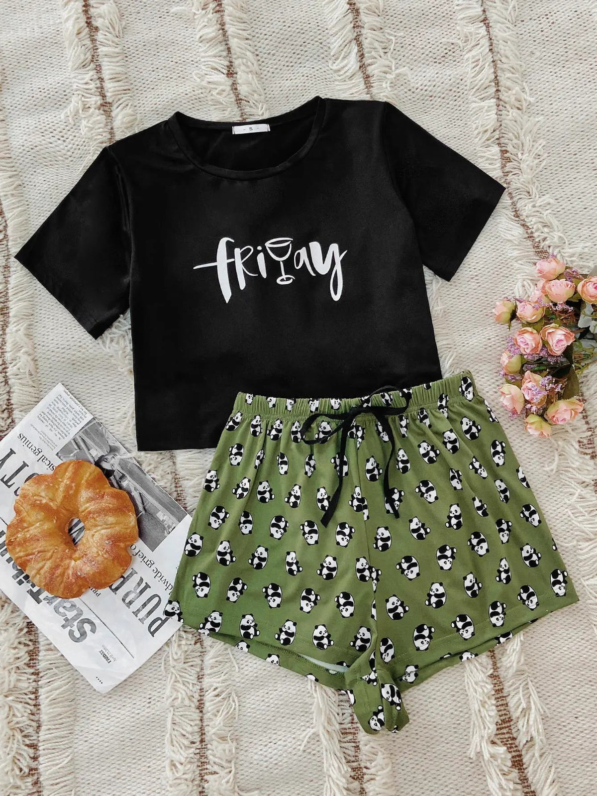 Graphic Tee and Panda Print Shorts Lounge Set by Partner Label